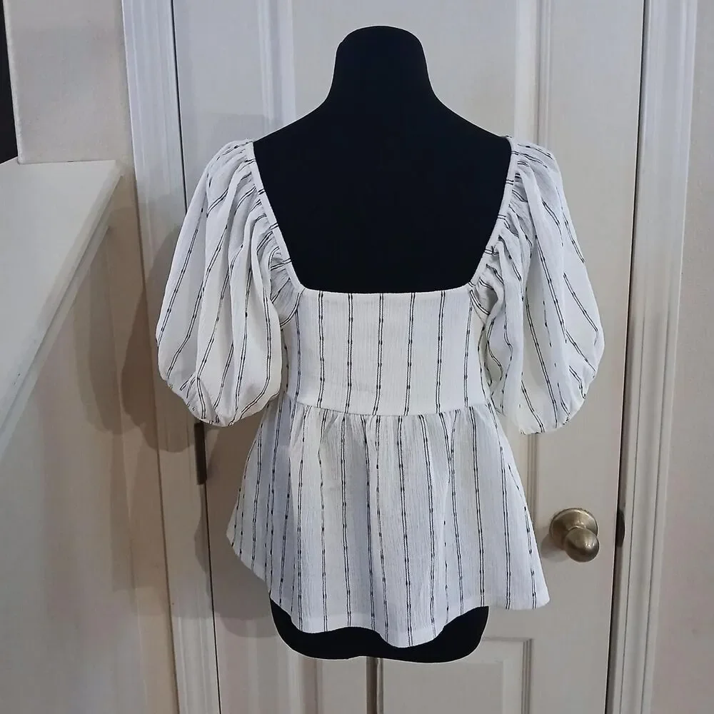 Madewell Knit-Right-In Dot Pattern Puff-Sleeve Top Square Neck Empire Waist S